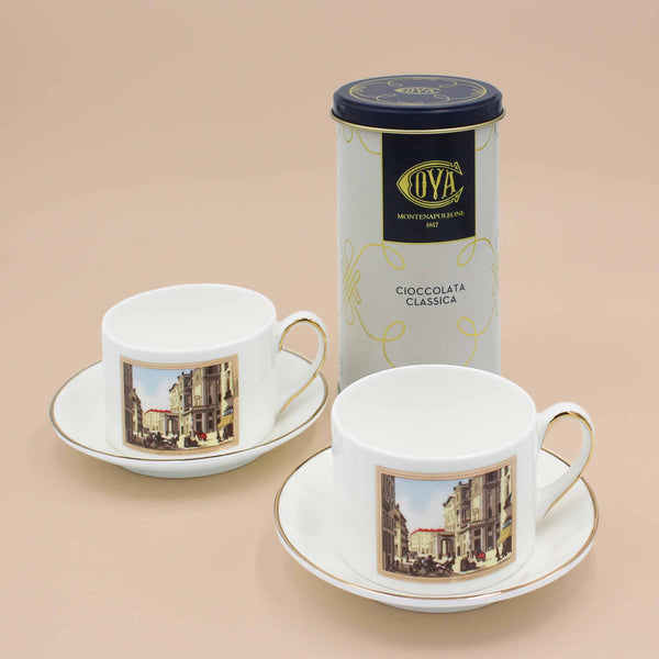 Confezione con tazze e lattina di cioccolata 250 gr.